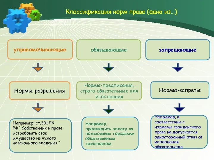 Классификация норм права (одна из…) управомочивающие Нормы-разрешения Например, в соответствии