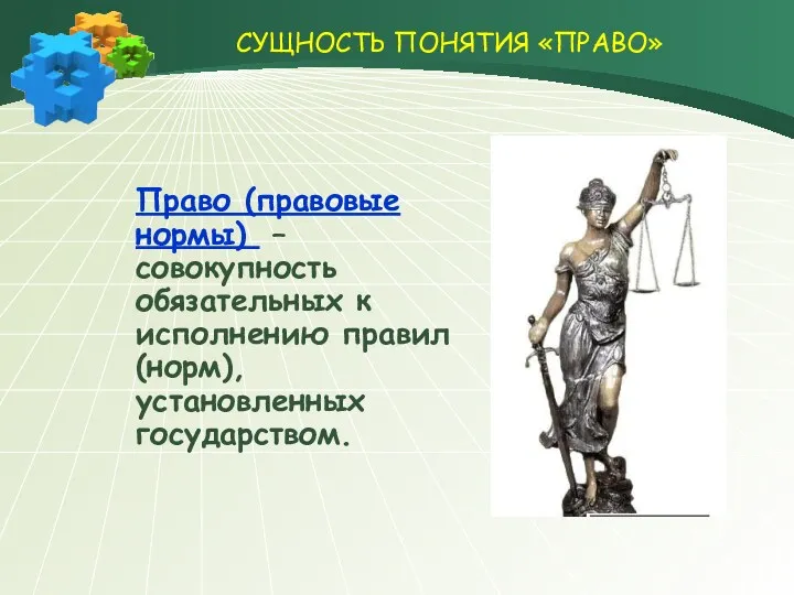 СУЩНОСТЬ ПОНЯТИЯ «ПРАВО» Право (правовые нормы) – совокупность обязательных к исполнению правил (норм), установленных государством.