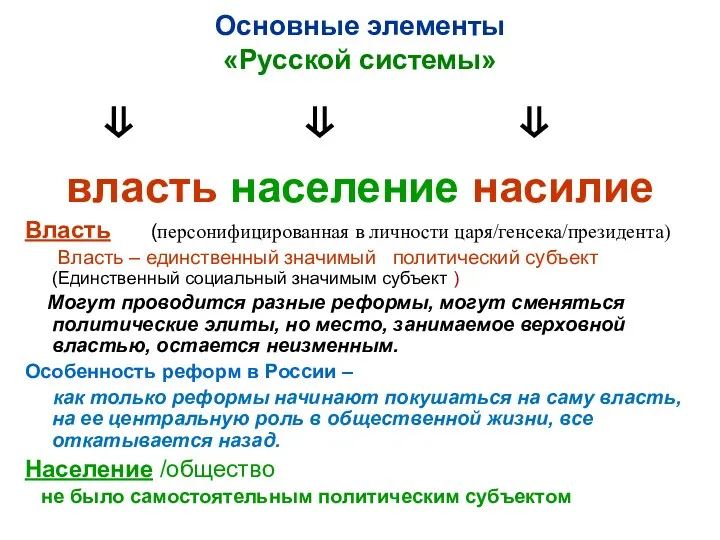 Основные элементы «Русской системы» ⇓ ⇓ ⇓ власть население насилие Власть (персонифицированная в