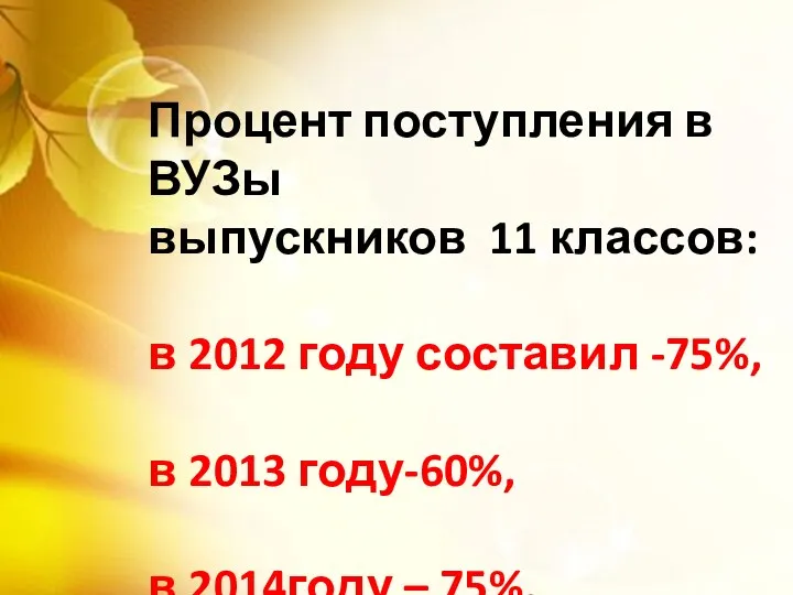 Процент поступления в ВУЗы выпускников 11 классов: в 2012 году