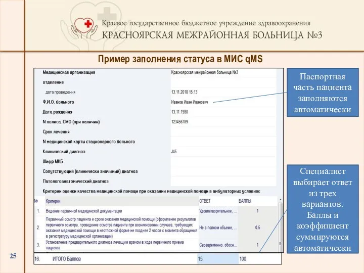 Пример заполнения статуса в МИС qMS Паспортная часть пациента заполняются