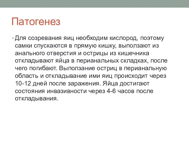 Патогенез Для созревания яиц необходим кислород, поэтому самки спускаются в