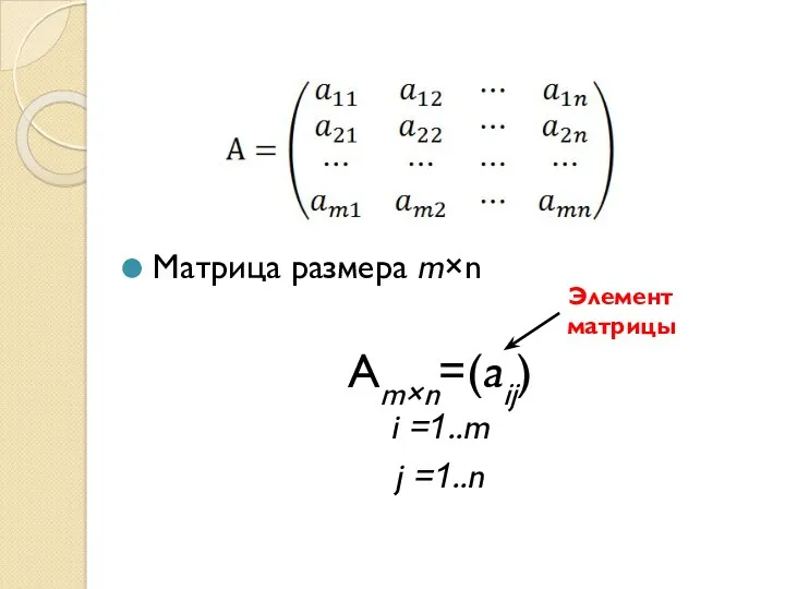 Матрица размера m×n Аm×n=(aij) i =1..m j =1..n Элемент матрицы