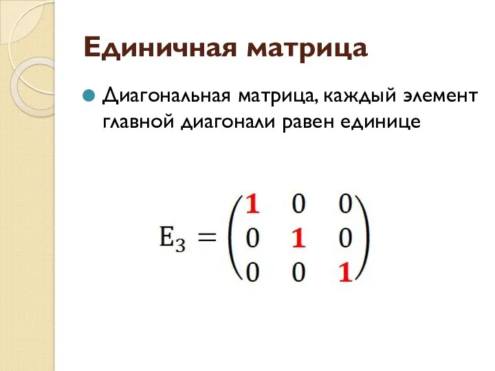 Единичная матрица Диагональная матрица, каждый элемент главной диагонали равен единице