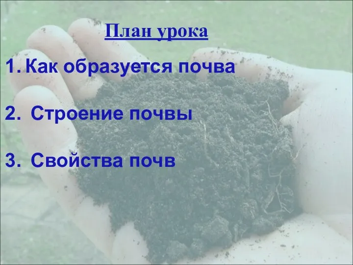 План урока Как образуется почва Строение почвы Свойства почв