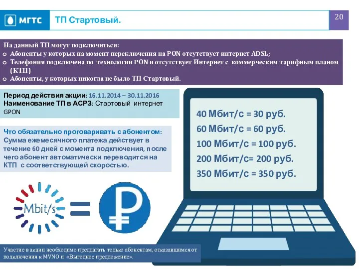 ТП Стартовый. Период действия акции: 16.11.2014 – 30.11.2016 Наименование ТП