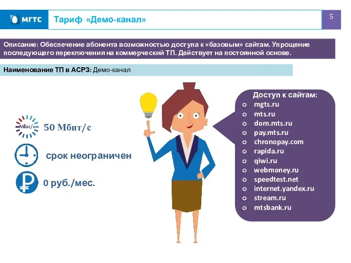 Тариф «Демо-канал» Доступ к сайтам: mgts.ru mts.ru dom.mts.ru pay.mts.ru chronopay.com