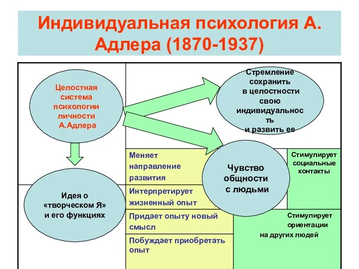 Индивидуальная психология А.Адлера (1870-1937) Целостная система психологии личности А.Адлера Стремление