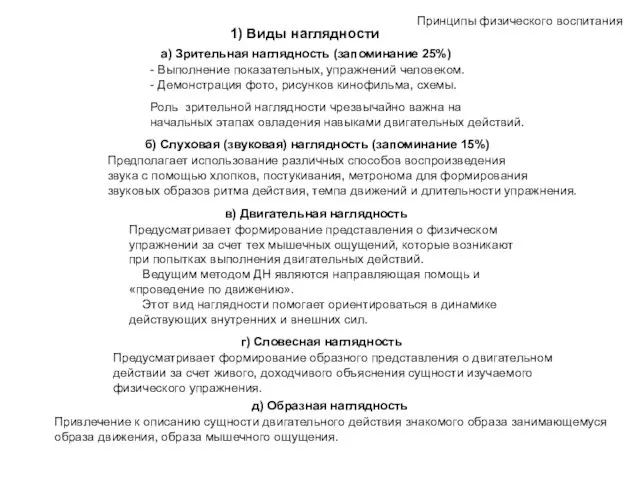 1) Виды наглядности Принципы физического воспитания а) Зрительная наглядность (запоминание