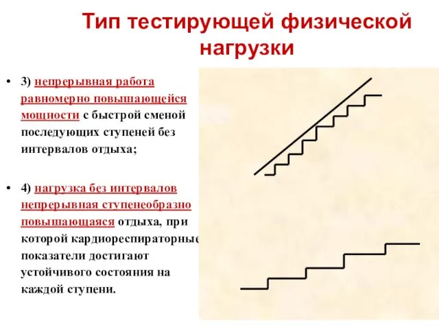 Тип тестирующей физической нагрузки 3) непрерывная работа равномерно повышающейся мощности