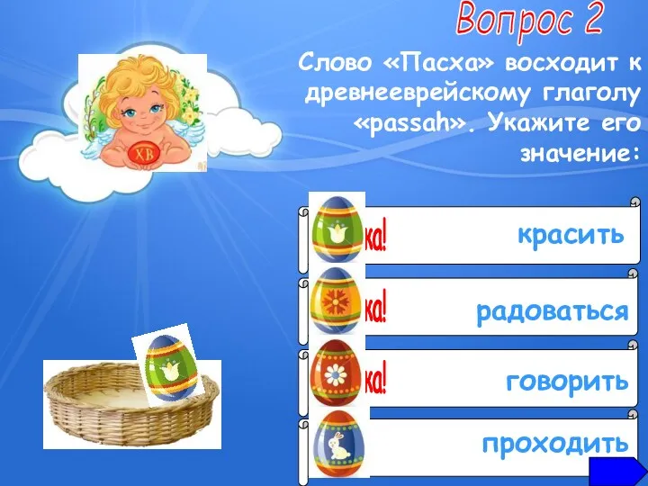 Вопрос 2 Слово «Пасха» восходит к древнееврейскому глаголу «passah». Укажите