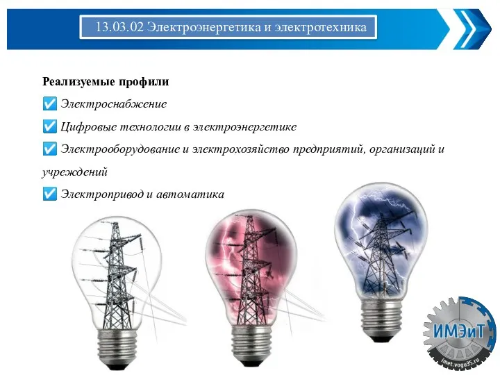 Реализуемые профили ☑ Электроснабжение ☑ Цифровые технологии в электроэнергетике ☑