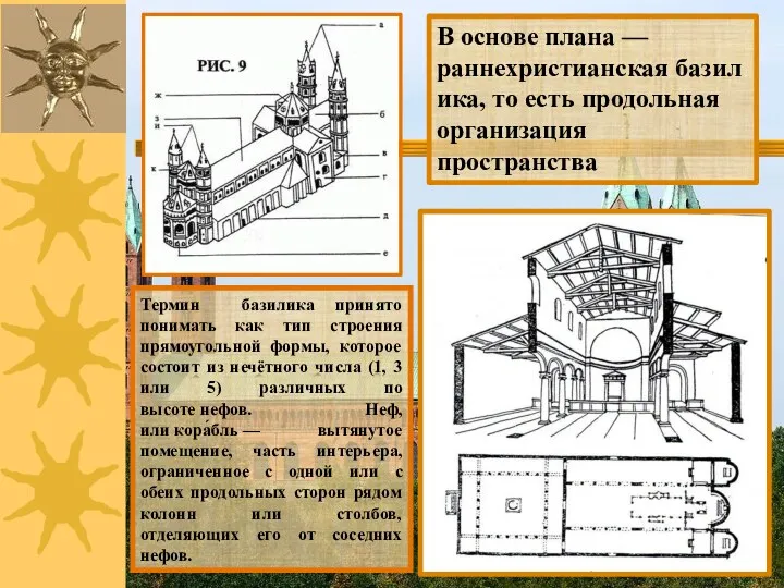 В основе плана — раннехристианская базилика, то есть продольная организация