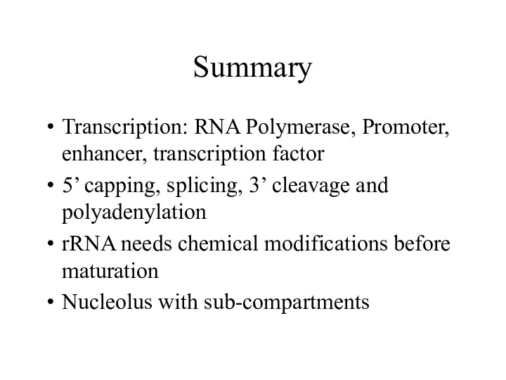 Summary Transcription: RNA Polymerase, Promoter, enhancer, transcription factor 5’ capping,