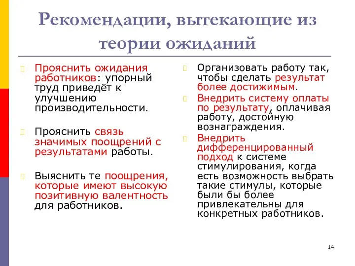 Рекомендации, вытекающие из теории ожиданий Прояснить ожидания работников: упорный труд