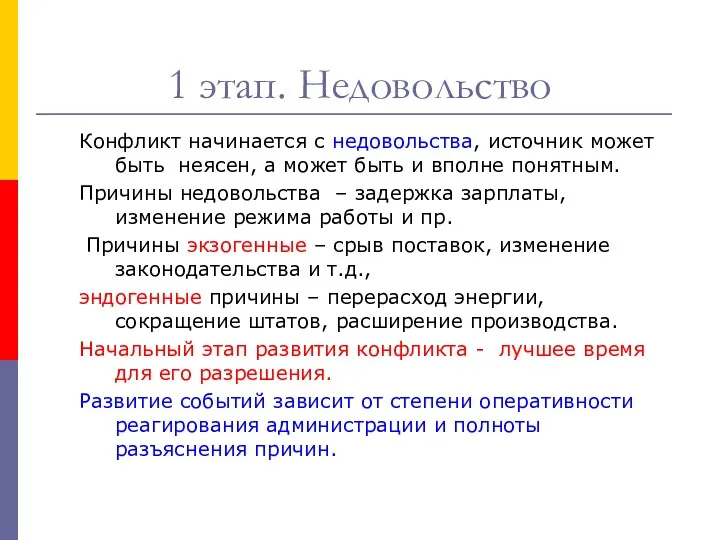 1 этап. Недовольство Конфликт начинается с недовольства, источник может быть