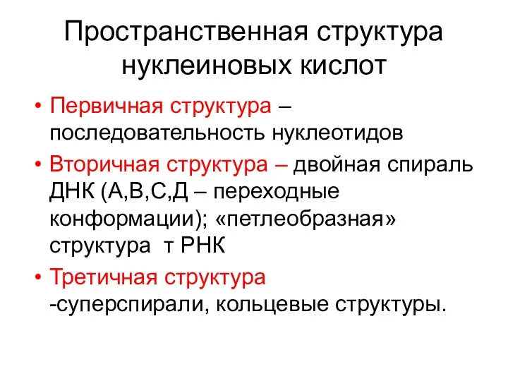 Пространственная структура нуклеиновых кислот Первичная структура – последовательность нуклеотидов Вторичная структура – двойная