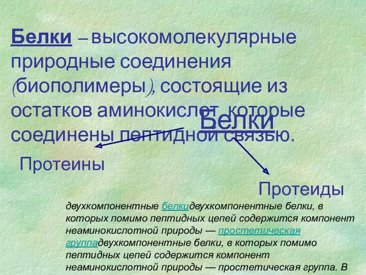 Белки – высокомолекулярные природные соединения (биополимеры), состоящие из остатков аминокислот,