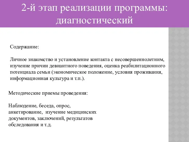 2-й этап реализации программы: диагностический Содержание: Личное знакомство и установление