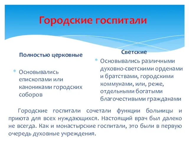 Городские госпитали Полностью церковные Основывались епископами или канониками городских соборов