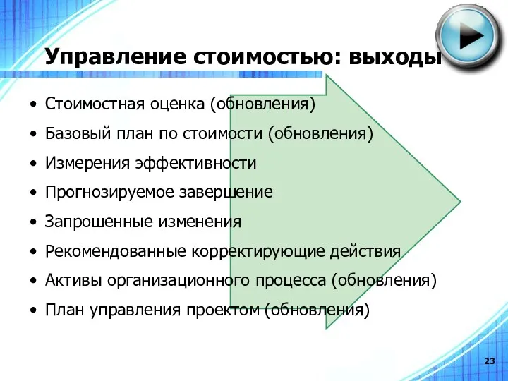 Управление стоимостью: выходы Стоимостная оценка (обновления) Базовый план по стоимости