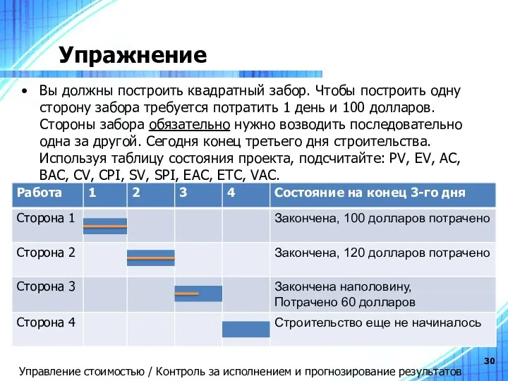 Упражнение Вы должны построить квадратный забор. Чтобы построить одну сторону