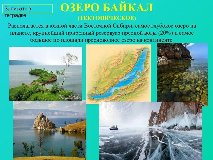 ОЗЕРО БАЙКАЛ (ТЕКТОНИЧЕСКОЕ) Располагается в южной части Восточной Сибири, самое глубокое озеро на