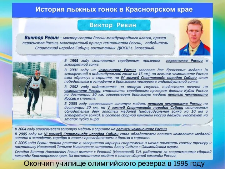 Окончил училище олимпийского резерва в 1995 году