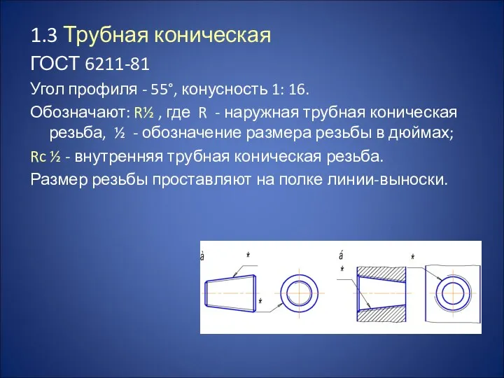 1.3 Трубная коническая ГОСТ 6211-81 Угол профиля - 55°, конусность