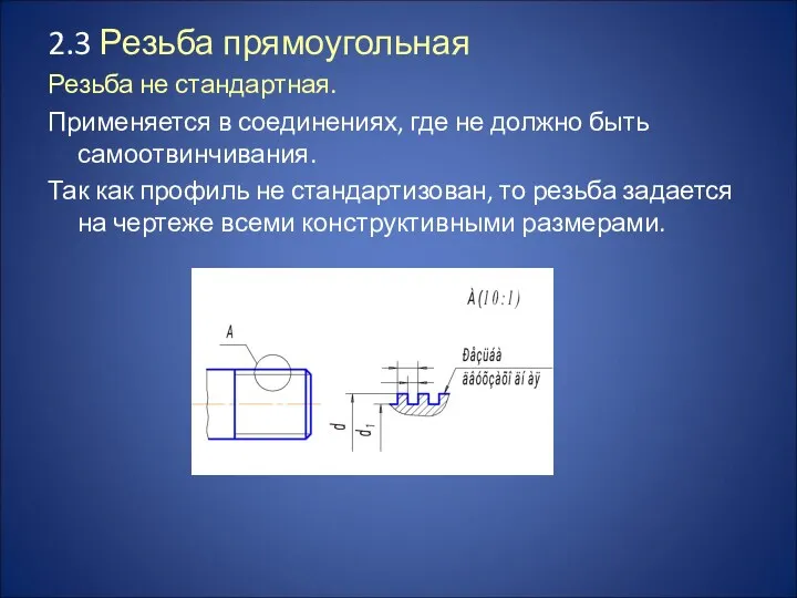 2.3 Резьба прямоугольная Резьба не стандартная. Применяется в соединениях, где