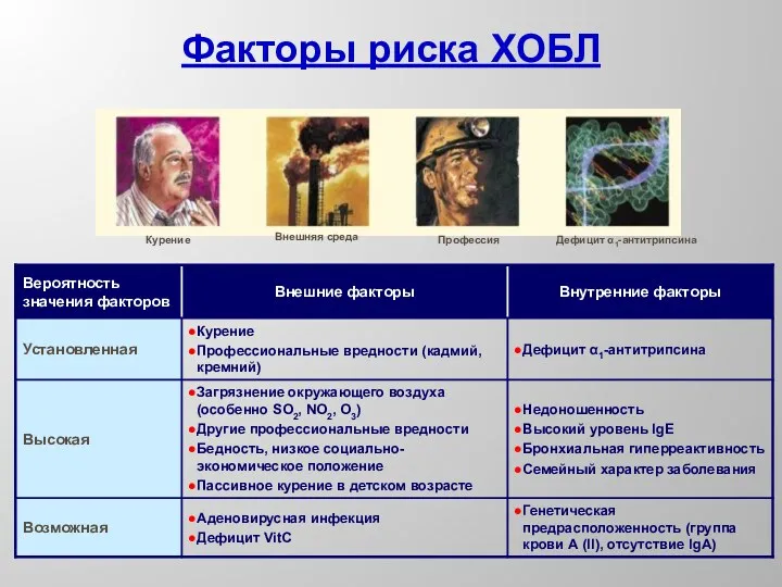 Факторы риска ХОБЛ Курение Дефицит α1-антитрипсина Профессия Внешняя среда