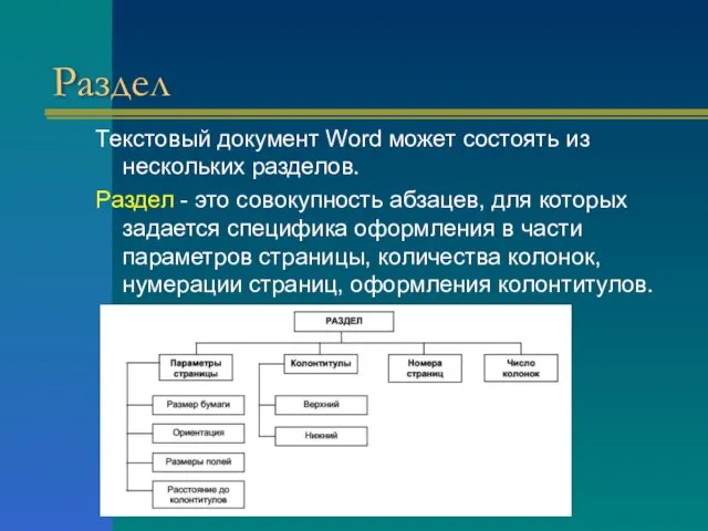 Раздел Текстовый документ Word может состоять из нескольких разделов. Раздел