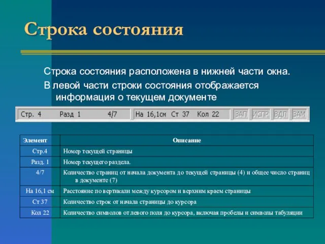 Строка состояния Строка состояния расположена в нижней части окна. В