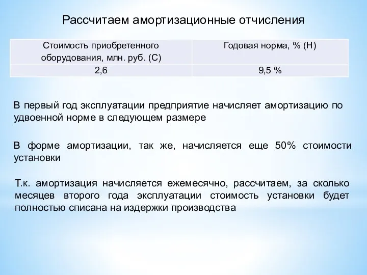 Рассчитаем амортизационные отчисления В первый год эксплуатации предприятие начисляет амортизацию