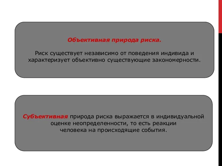 Субъективная природа риска выражается в индивидуальной оценке неопределенности, то есть реакции человека на