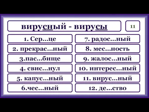 11 7. радос…ный 8. мес…ность 9. жалос…ный 10. интерес…ный 11.