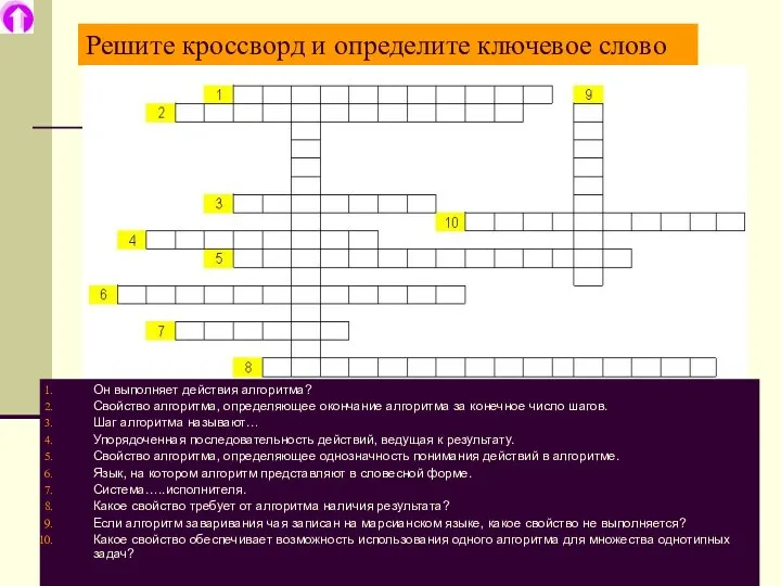 Решите кроссворд и определите ключевое слово Он выполняет действия алгоритма?