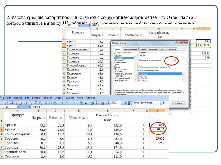 2. Какова средняя калорийность продуктов с содержанием жиров менее 1