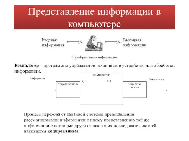 Представление информации в компьютере Компьютер – программно управляемое техническое устройство