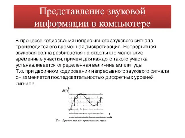 Представление звуковой информации в компьютере В процессе кодирования непрерывного звукового