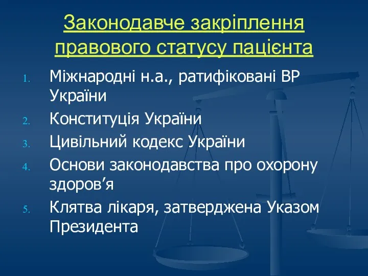 Законодавче закріплення правового статусу пацієнта Міжнародні н.а., ратифіковані ВР України