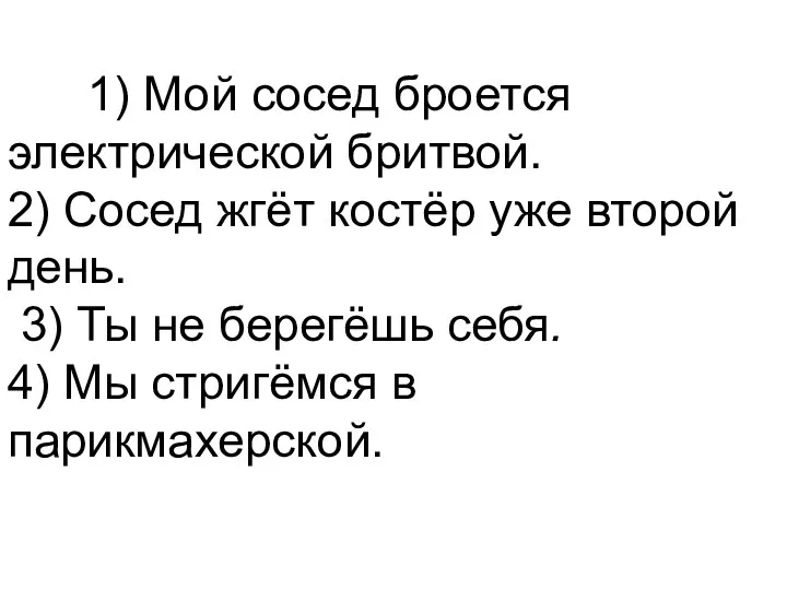 1) Мой сосед броется электрической бритвой. 2) Сосед жгёт костёр