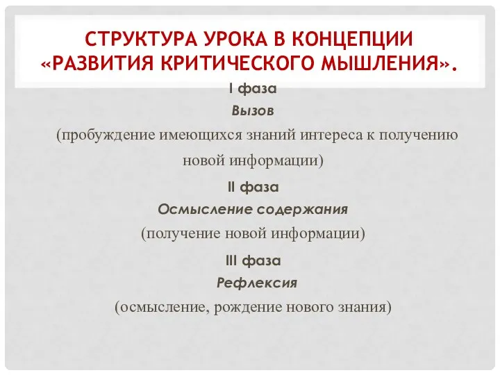 СТРУКТУРА УРОКА В КОНЦЕПЦИИ «РАЗВИТИЯ КРИТИЧЕСКОГО МЫШЛЕНИЯ». I фаза Вызов