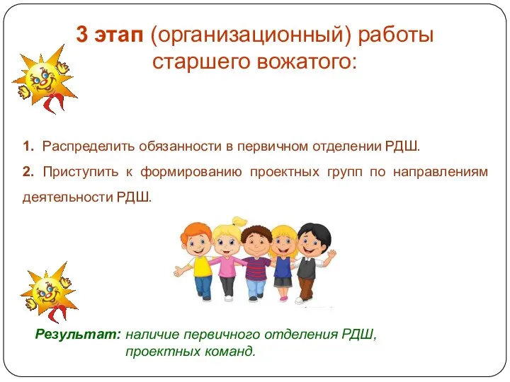 3 этап (организационный) работы старшего вожатого: 1. Распределить обязанности в