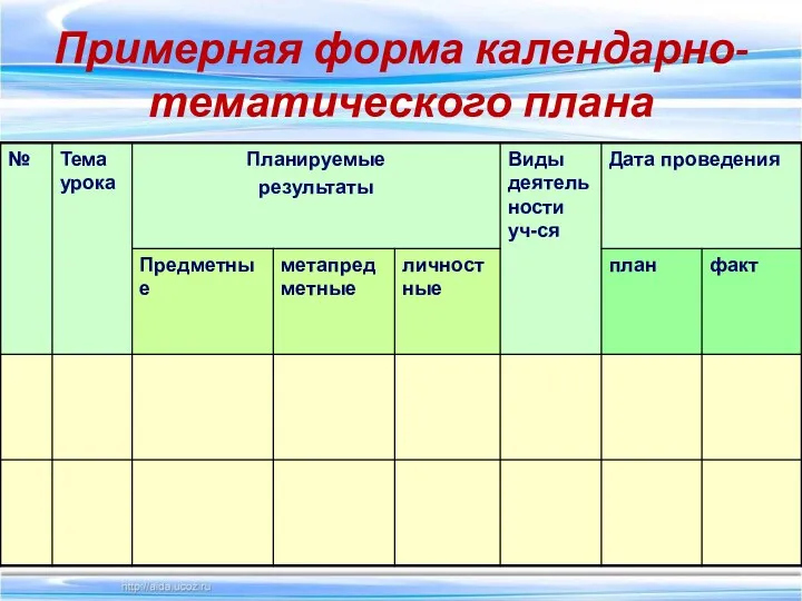 Примерная форма календарно-тематического плана