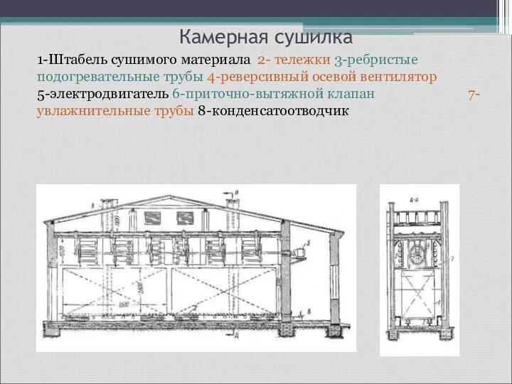 Камерная сушилка 1-Штабель сушимого материала 2- тележки 3-ребристые подогревательные трубы