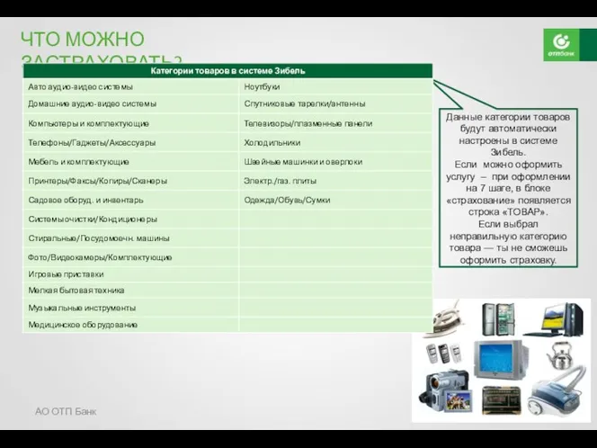 АО ОТП Банк ЧТО МОЖНО ЗАСТРАХОВАТЬ? Данные категории товаров будут