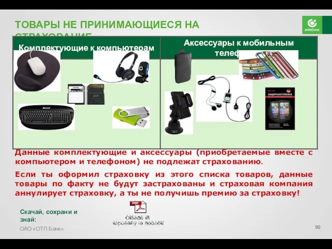 ОАО «ОТП Банк» ТОВАРЫ НЕ ПРИНИМАЮЩИЕСЯ НА СТРАХОВАНИЕ Данные комплектующие