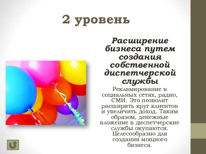 2 уровень Расширение бизнеса путем создания собственной диспетчерской службы Рекламирование