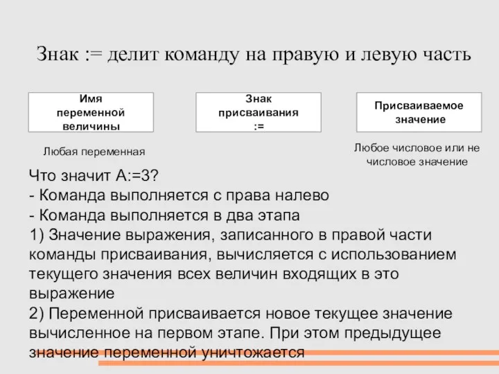 Знак := делит команду на правую и левую часть Имя